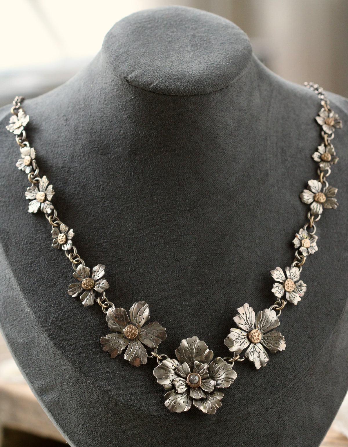 Spring Blossom Necklace sterling silver 10k gold and Diamond