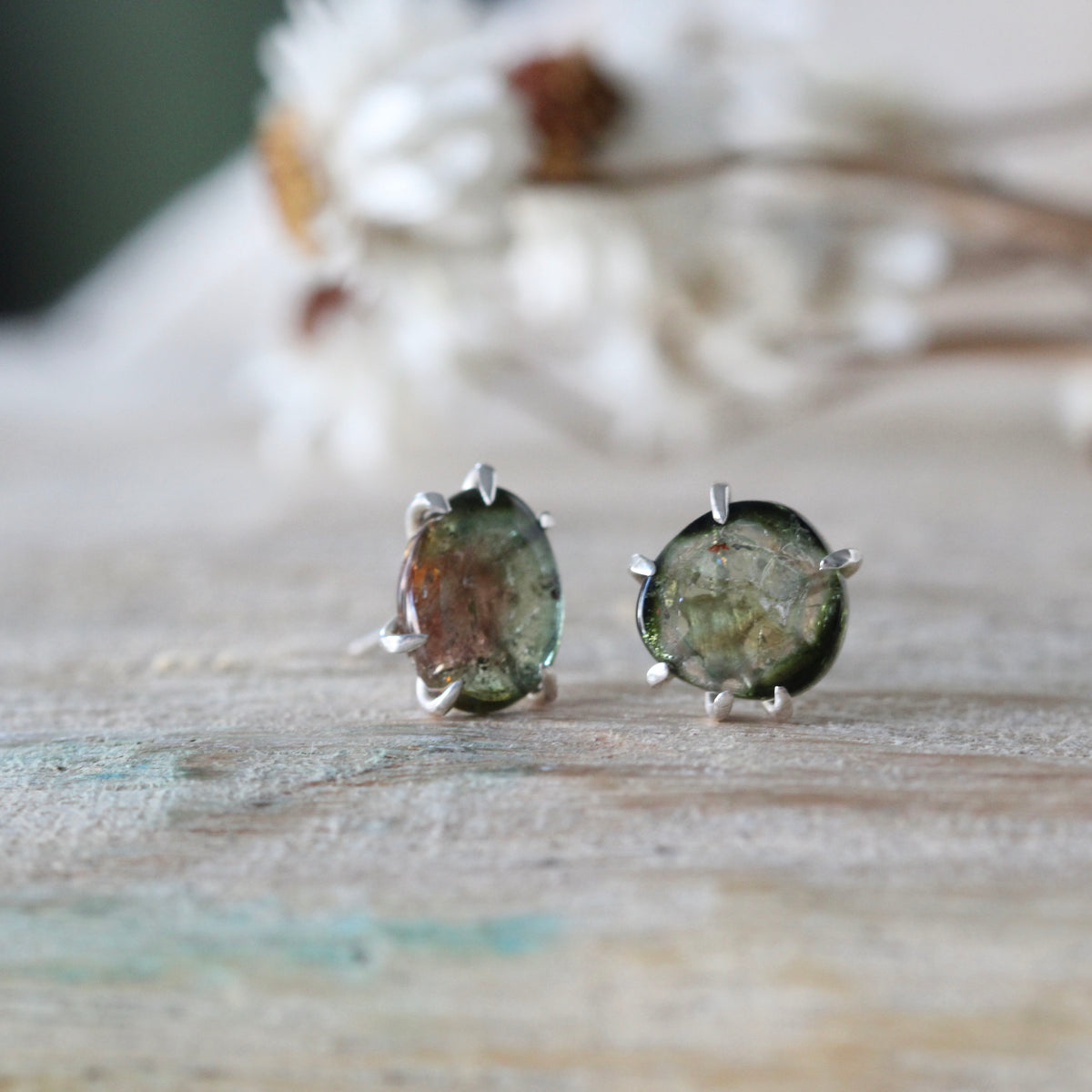 Prong set Watermelon Tourmaline stud earrings sterling silver