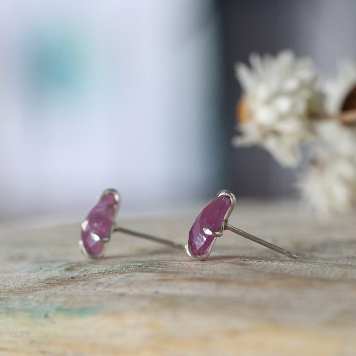 Prong set silky Ruby stud earrings sterling silver