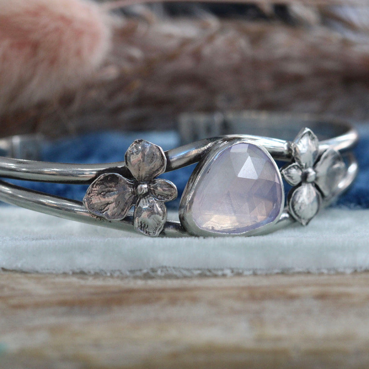 Hydrangea and Lilac Quartz Sterling silver Cuff Bracelet