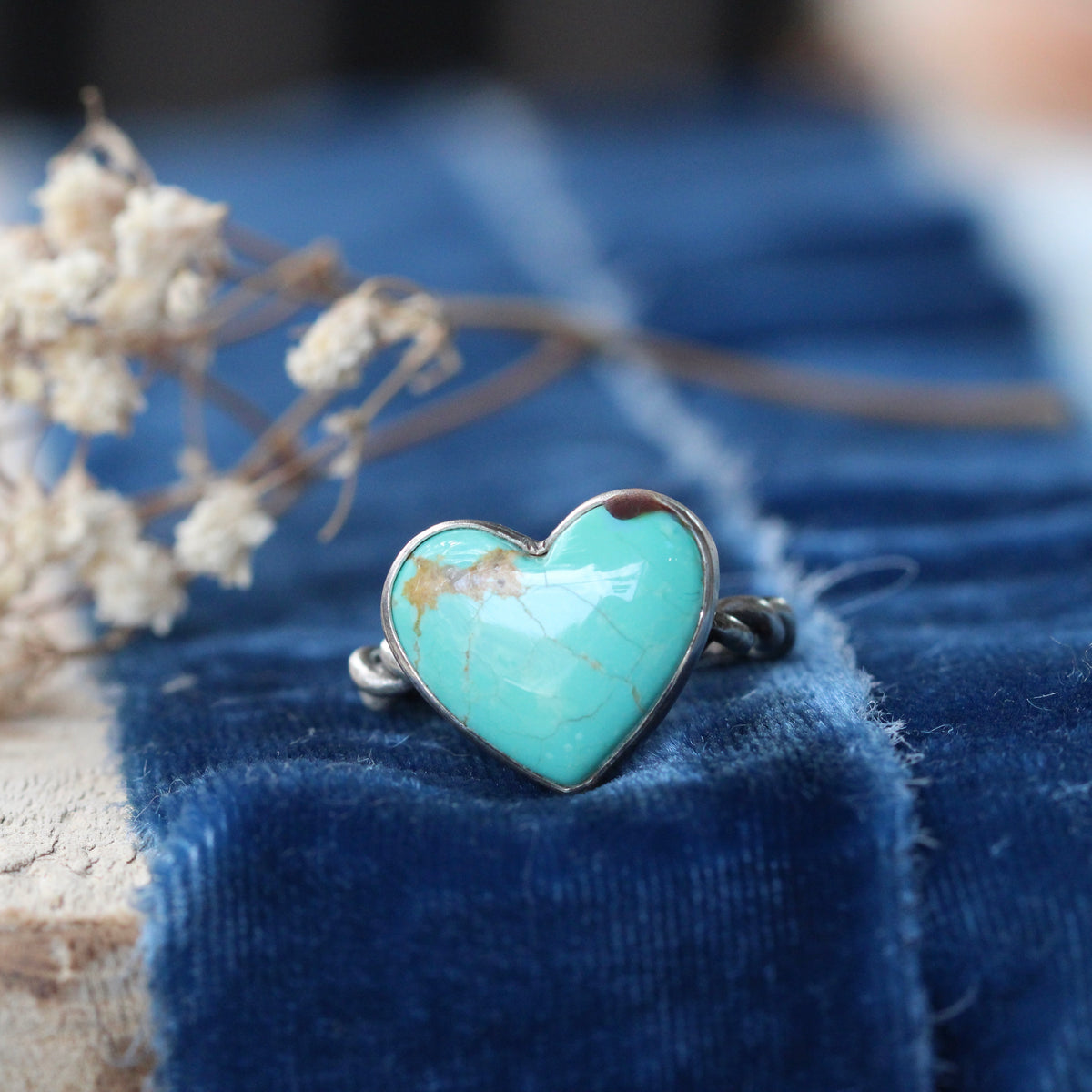 Kingman Heart Turquoise Ring with Handcrafted Sterling Silver Woven Band