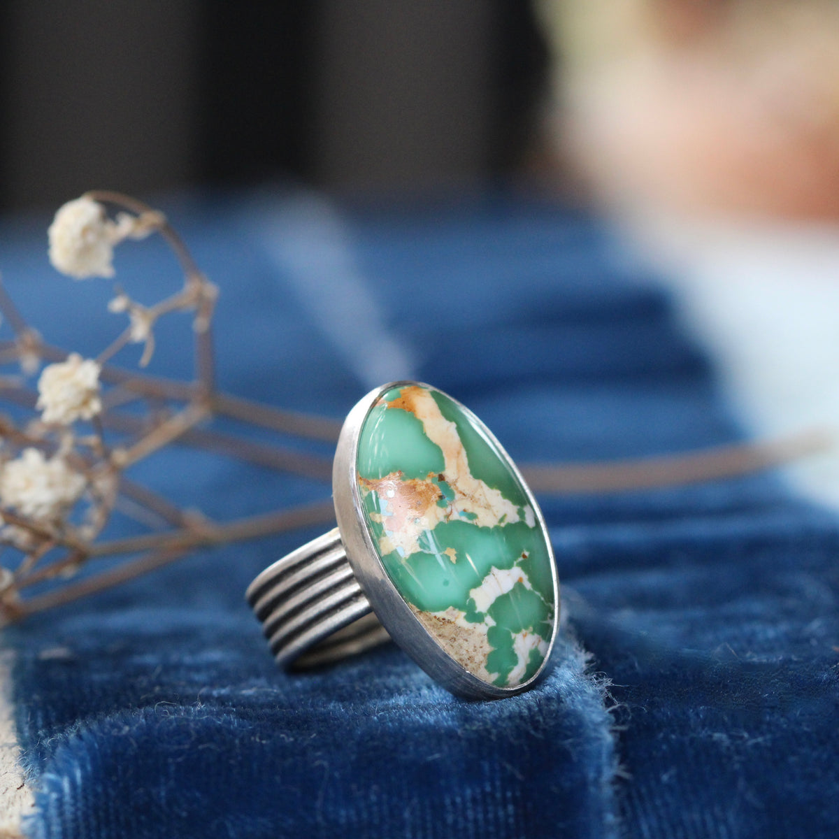 Handcrafted High Grade Royston Turquoise Ring with Layered Sterling Silver Band & Golden Bronze Heart