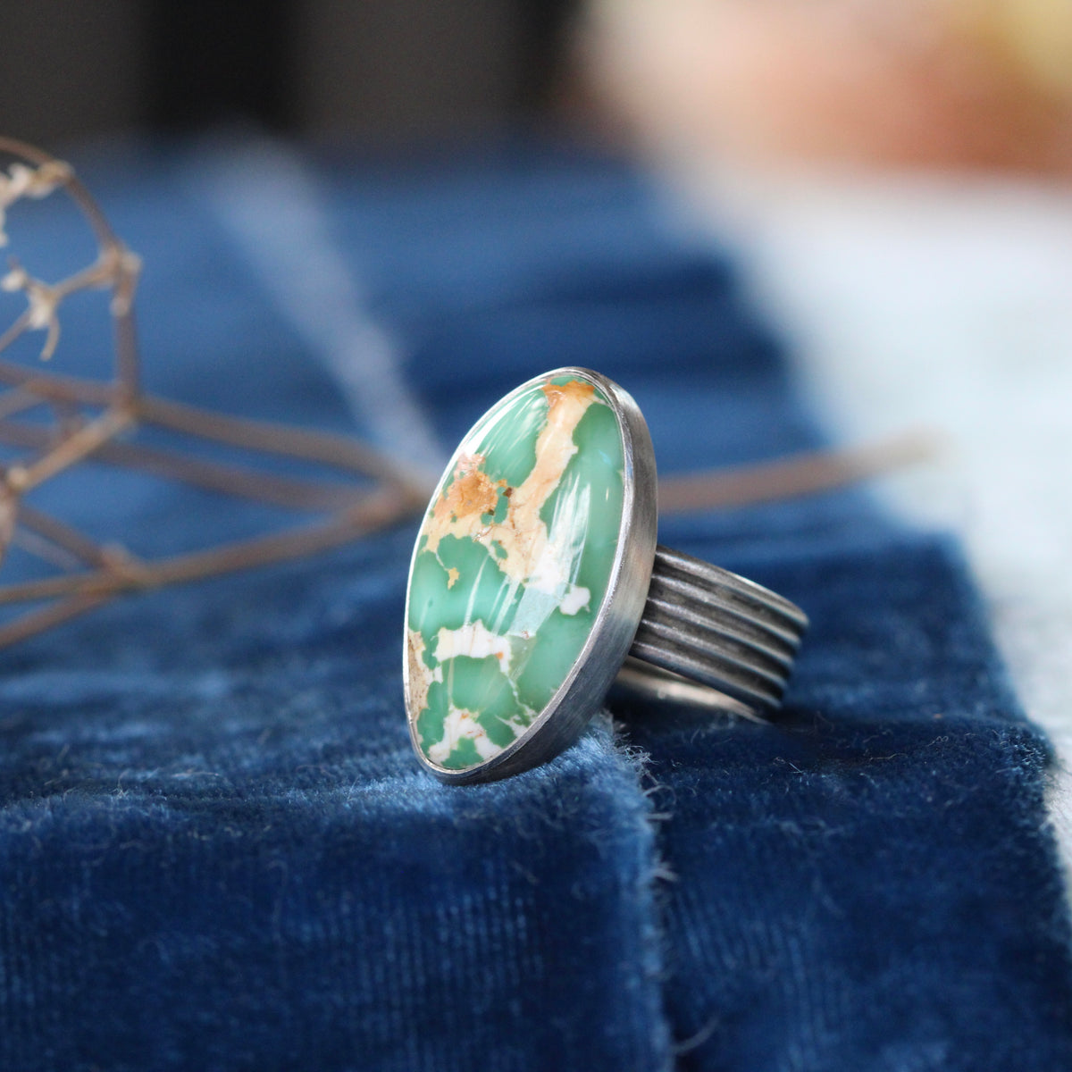 Handcrafted High Grade Royston Turquoise Ring with Layered Sterling Silver Band & Golden Bronze Heart