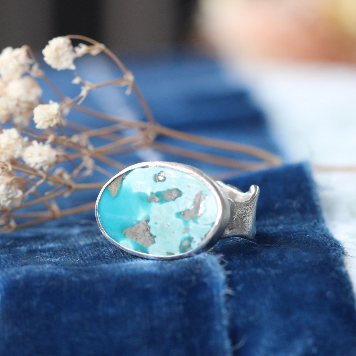 Campitos Turquoise Ring with Handcrafted Reticulated Sterling Silver with hand cast Shell