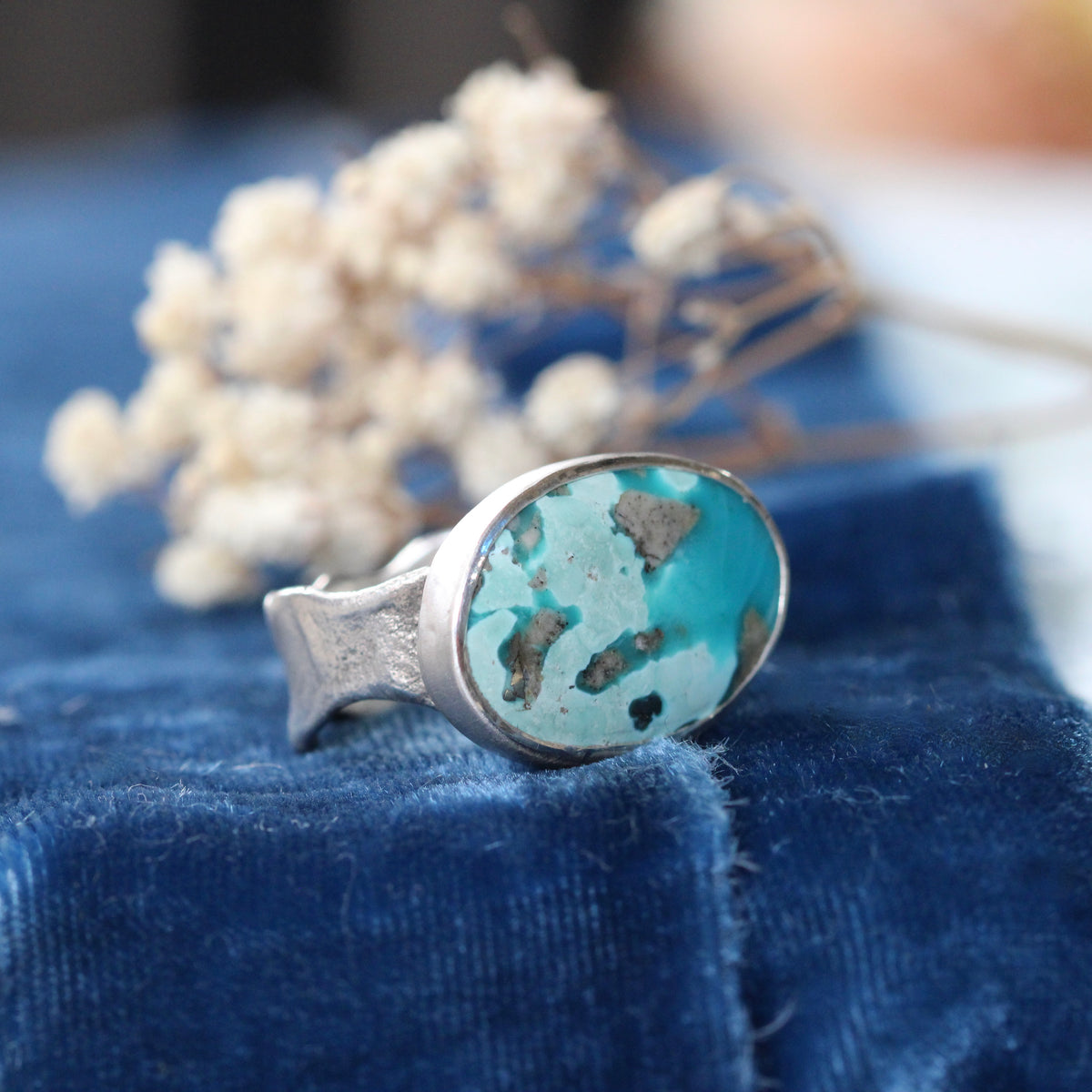 Campitos Turquoise Ring with Handcrafted Reticulated Sterling Silver with hand cast Shell