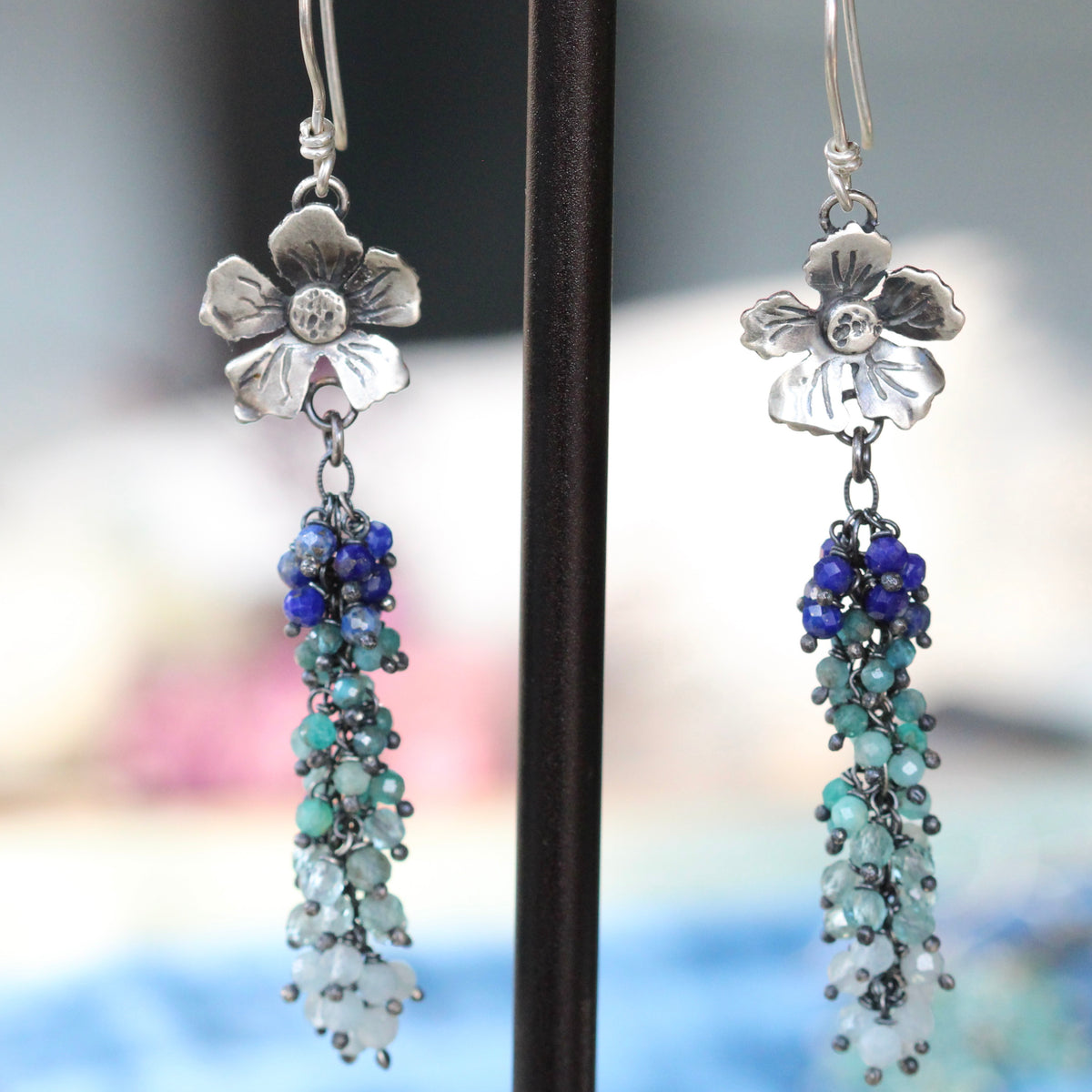 Sterling Silver Blossom Earrings with Lapis, Apatite, Amazonite & Aquamarine