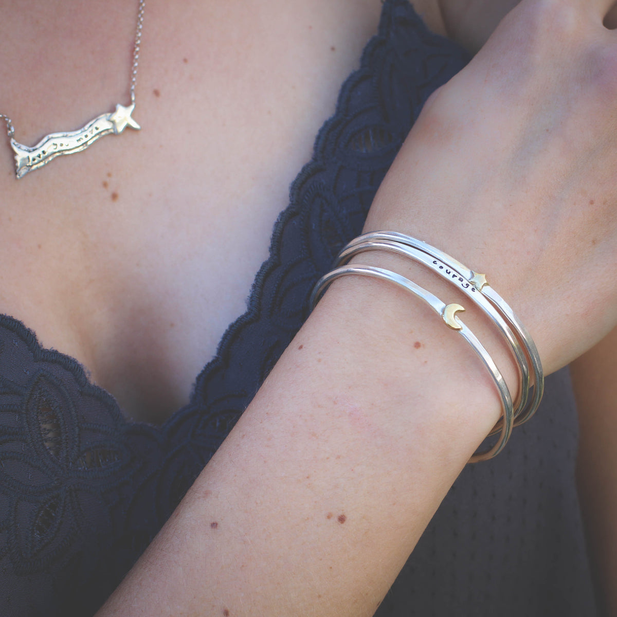 Star Stacking Cuff bracelet sterling silver and golden bronze