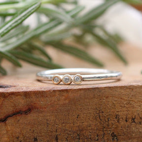 Mixed metal three Diamond and 14k gold sterling silver stacking ring
