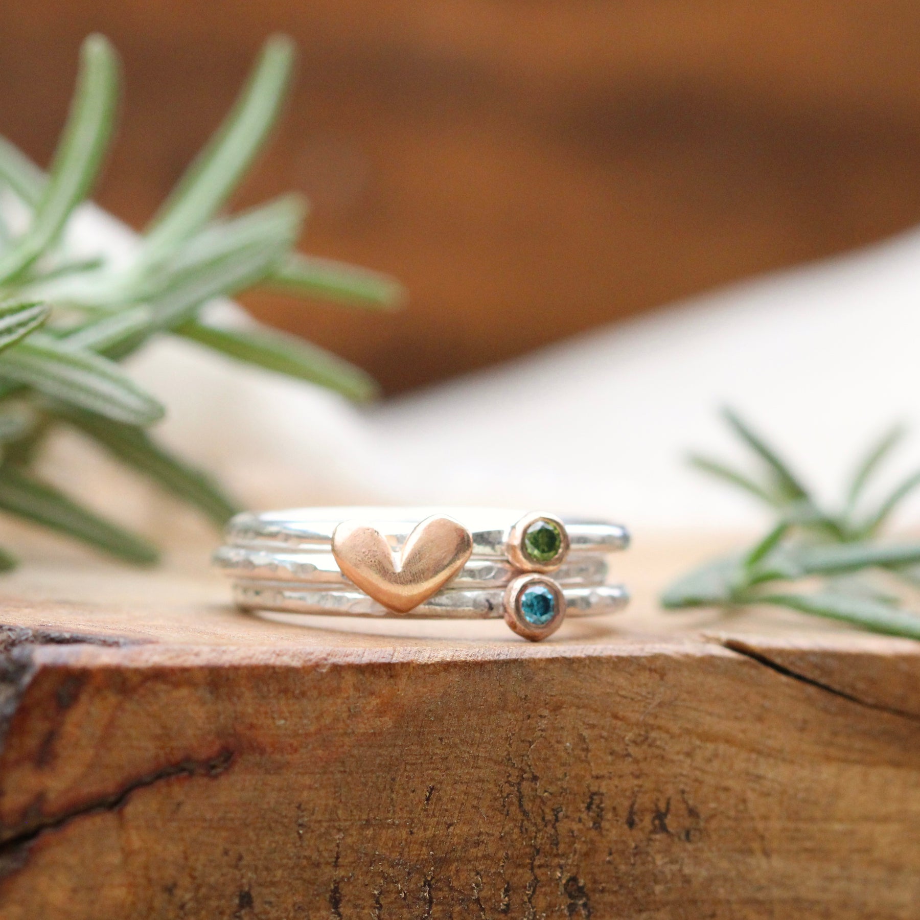 Mixed metal Color Diamond and 14k gold heart sterling silver stacking rings