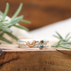 Mixed metal Color Diamond and 14k gold heart sterling silver stacking rings