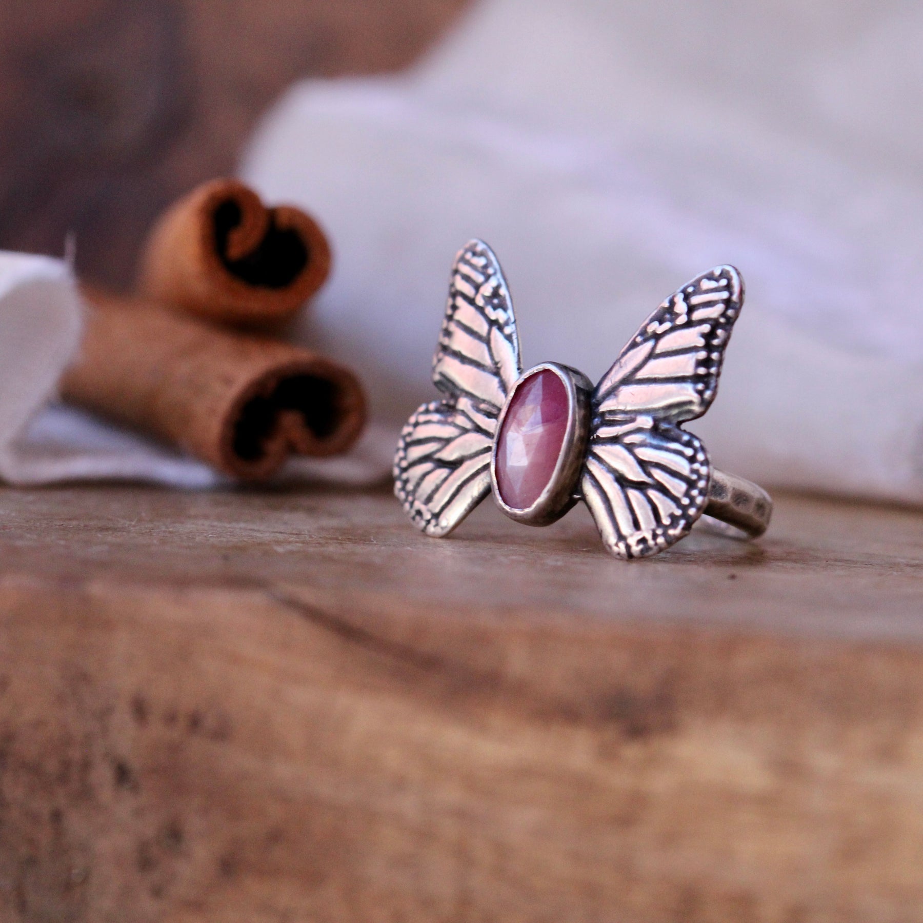 Monarch Butterfly Sterling Silver Ring with Ruby