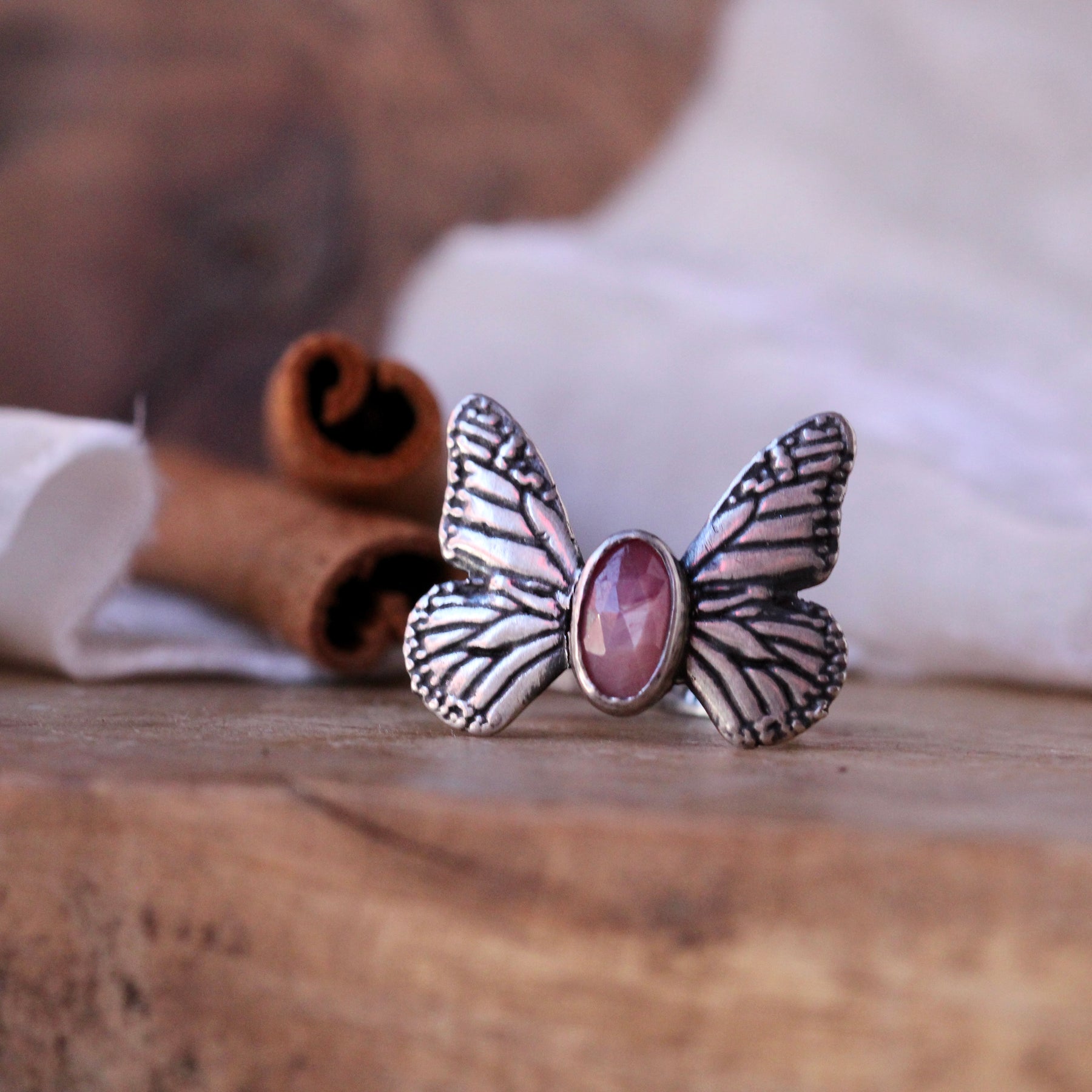 Monarch Butterfly Sterling Silver Ring with Ruby