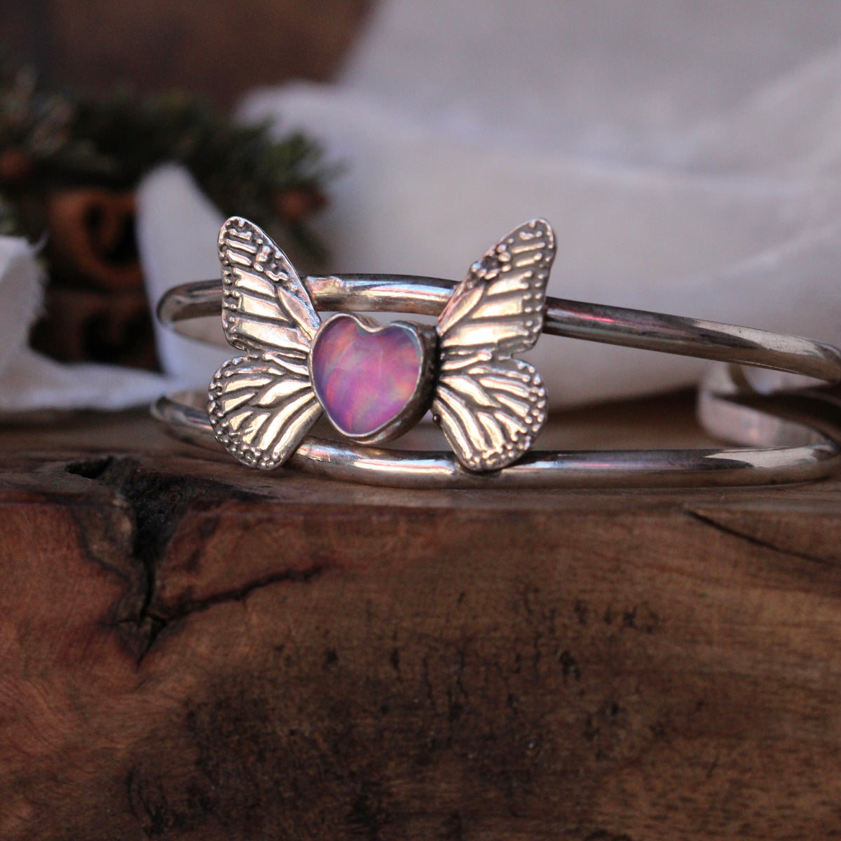 Monarch Butterfly With an Opal Heart Cuff Bracelet
