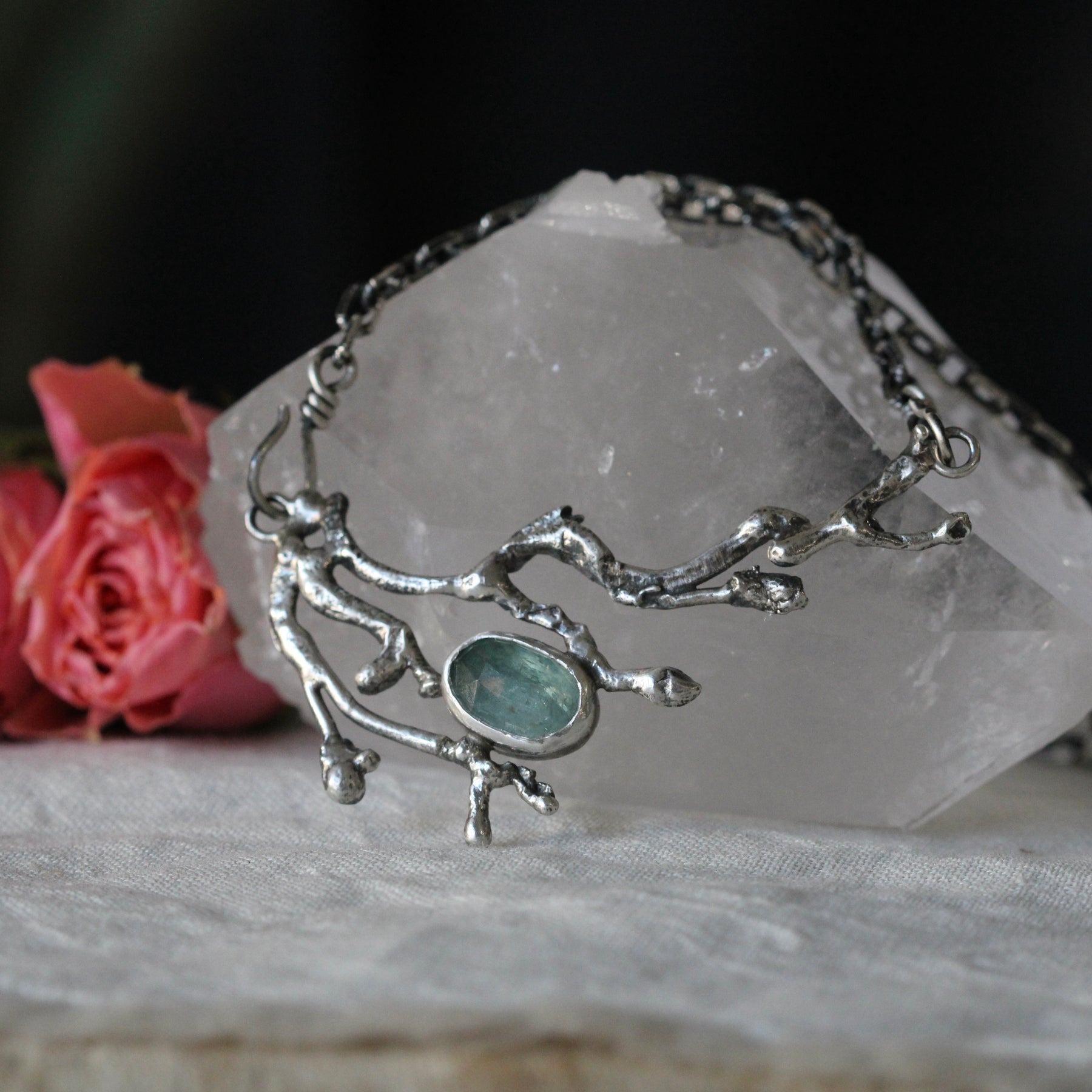 Interchangeable Sterling silver Coral and Kyanite pendant