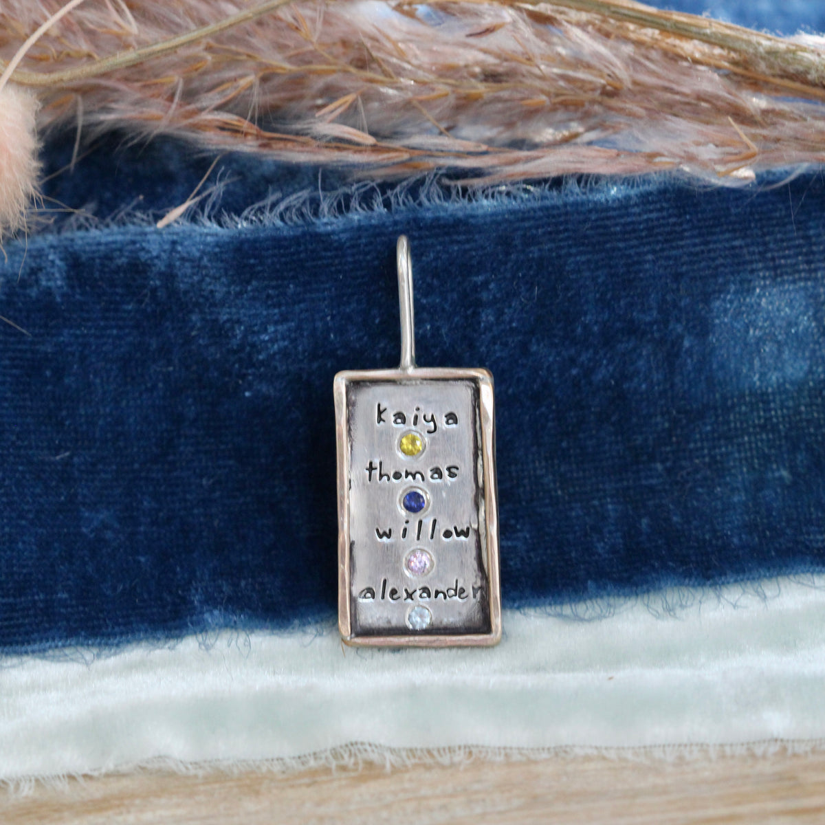 Sterling silver and 14k gold birthstone name tag charm Storyteller Collection