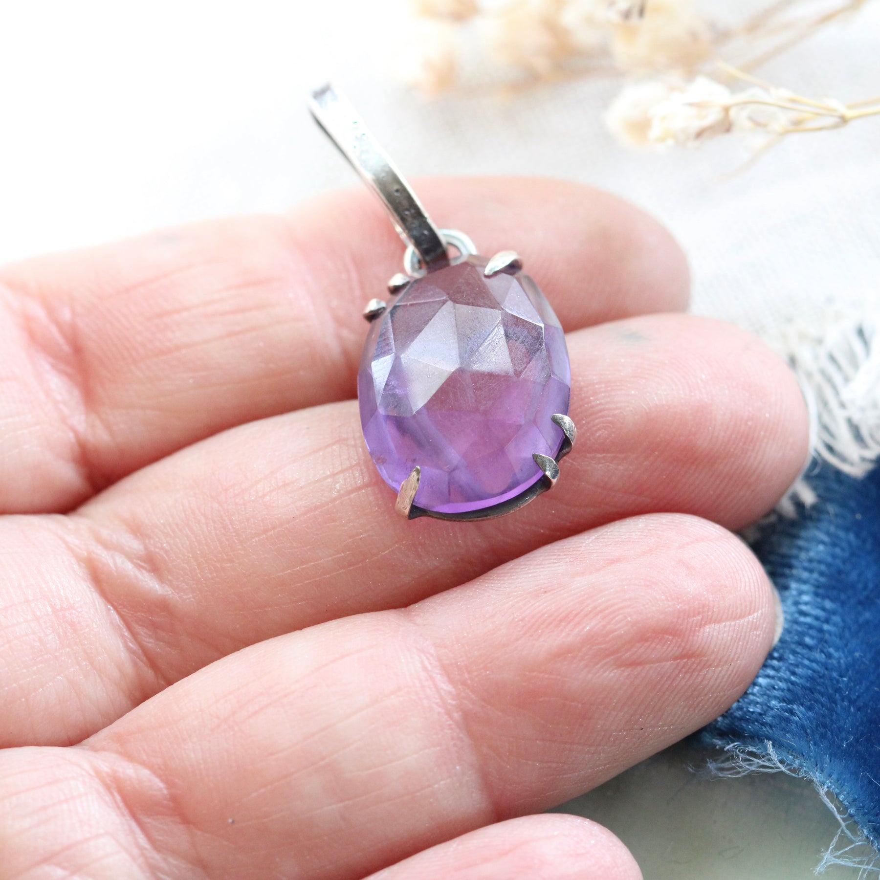 Rose cut Amethyst prong set in sterling silver with heart detail