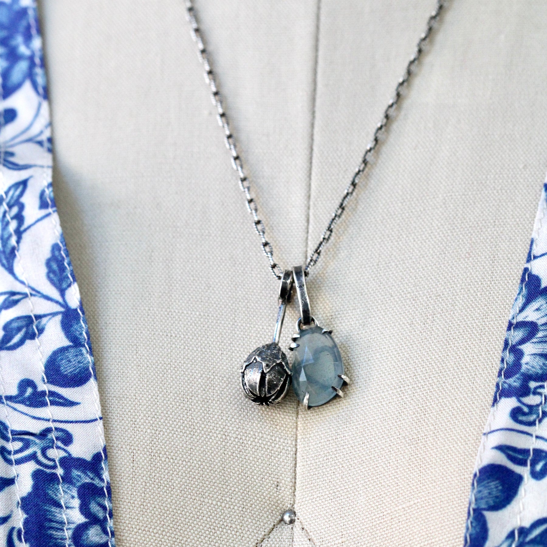 Rose cut Aquamarine prong set in sterling silver with heart detail