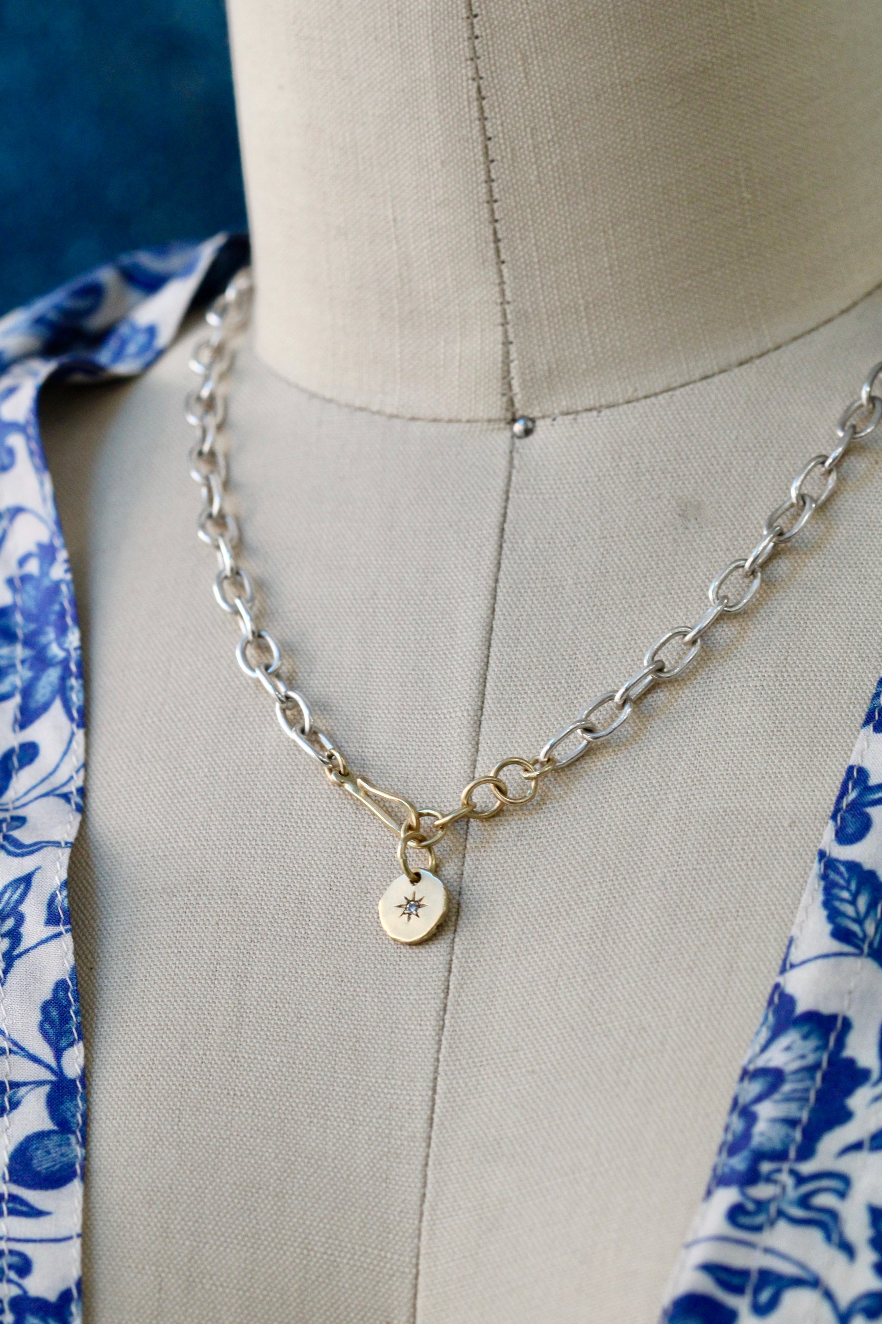 Hand-Forged Silver & 18k Gold Chain Necklace with Diamond Star Pendant