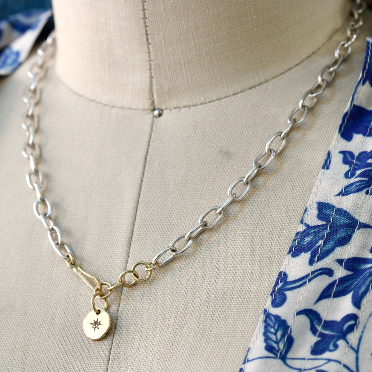 Hand-Forged Silver & 18k Gold Chain Necklace with Diamond Star Pendant