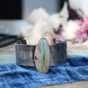 Royston Ribbon Turquoise Cuff Bracelet Reticulated Sterling Silver with Sculpted Heart