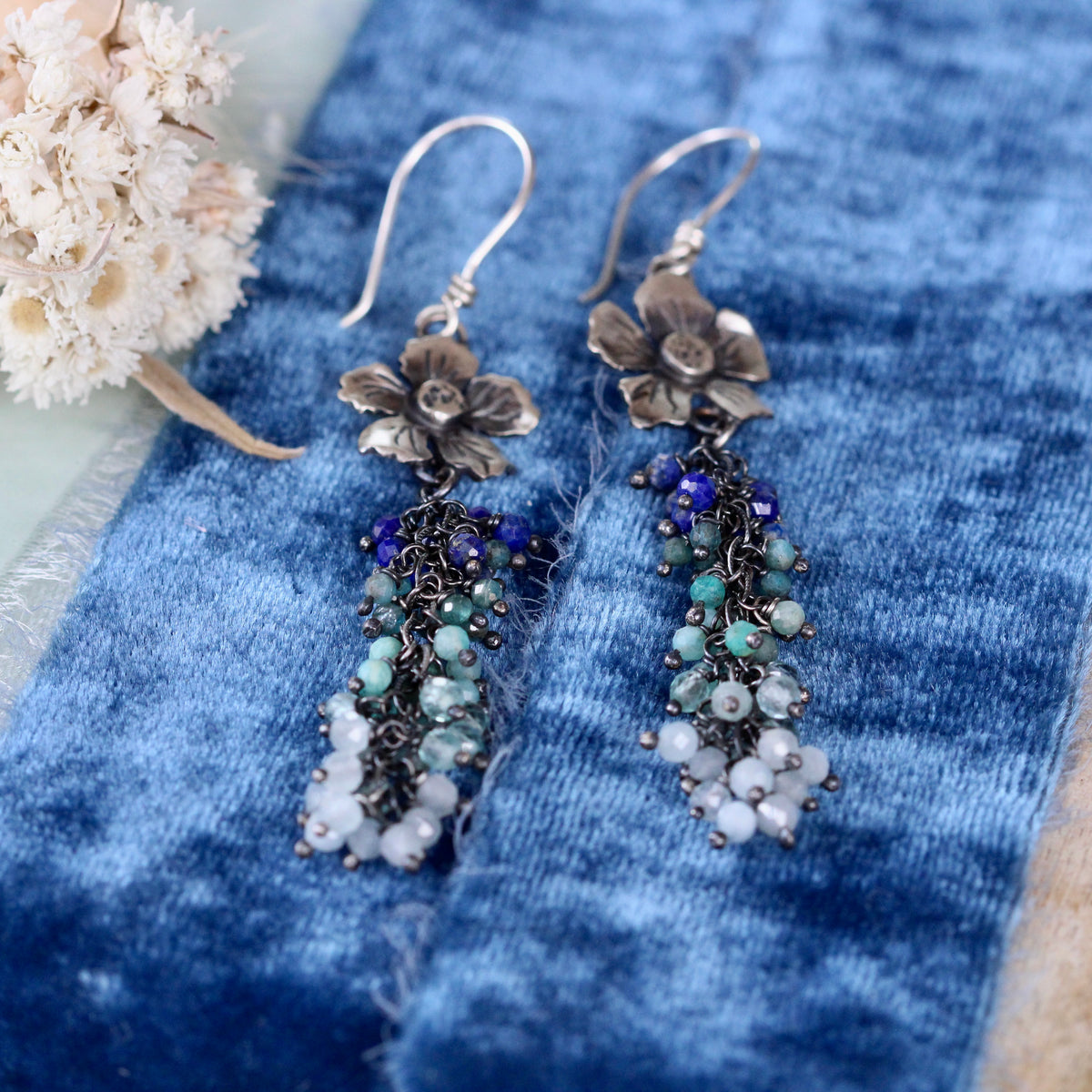 Sterling Silver Blossom Earrings with Lapis, Apatite, Amazonite & Aquamarine