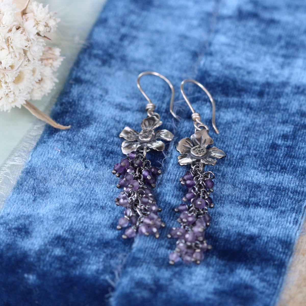Sterling Silver Blossom Earrings with Amethyst Bead Cluster