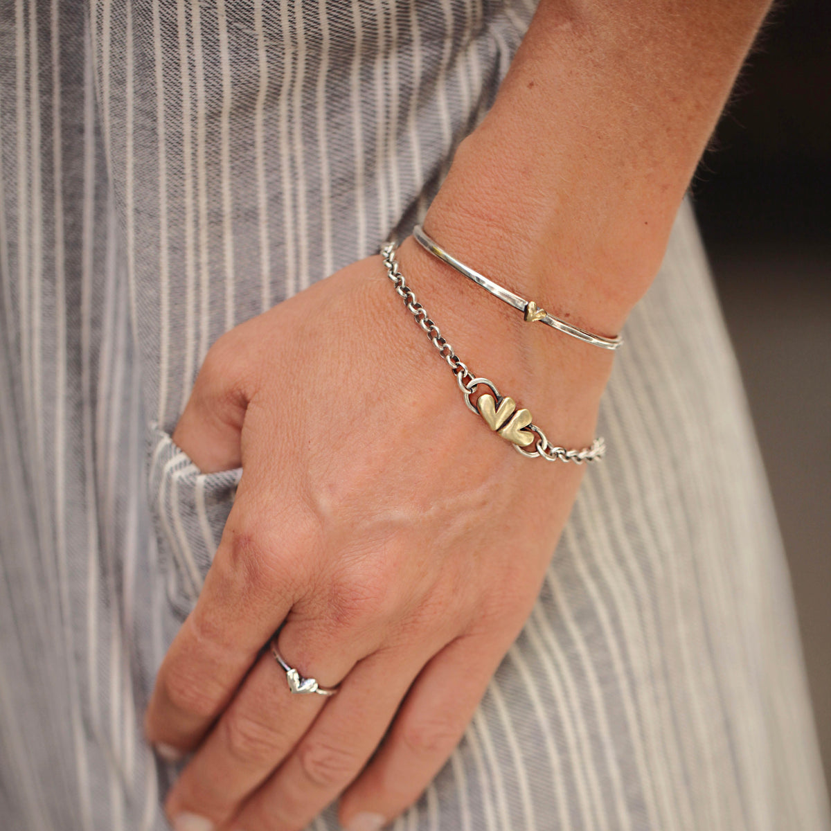 Heart Stacking Cuff bracelet sterling silver and golden bronze