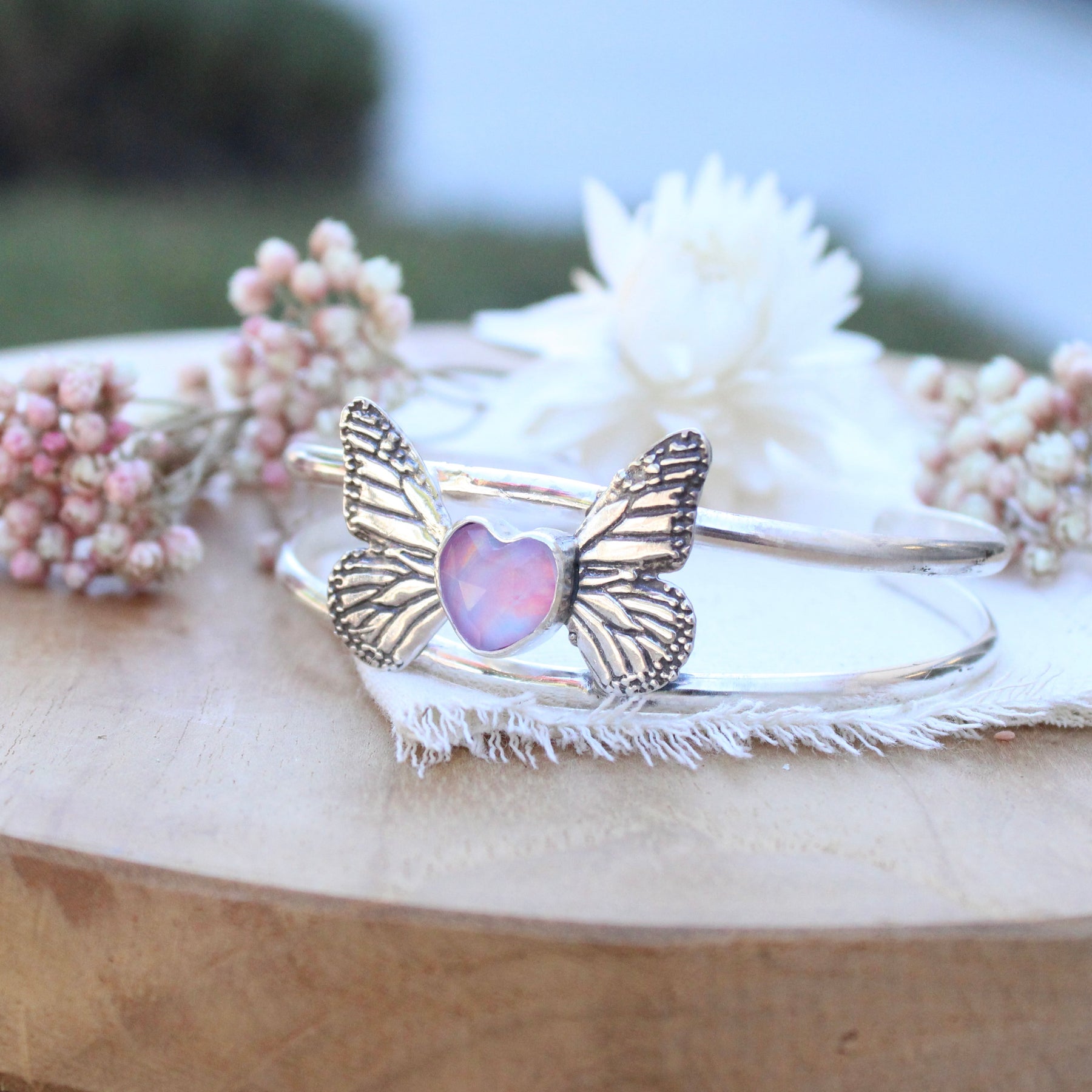 Monarch Butterfly With an Opal Heart Cuff Bracelet