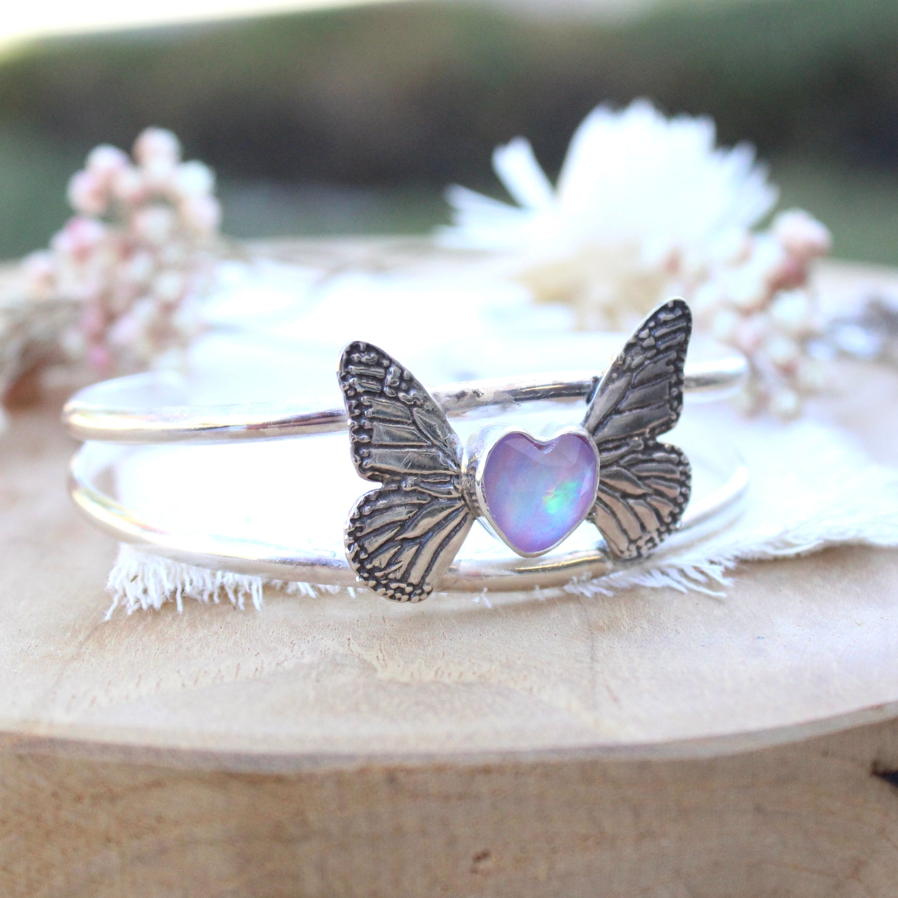 Monarch Butterfly With an Opal Heart Cuff Bracelet