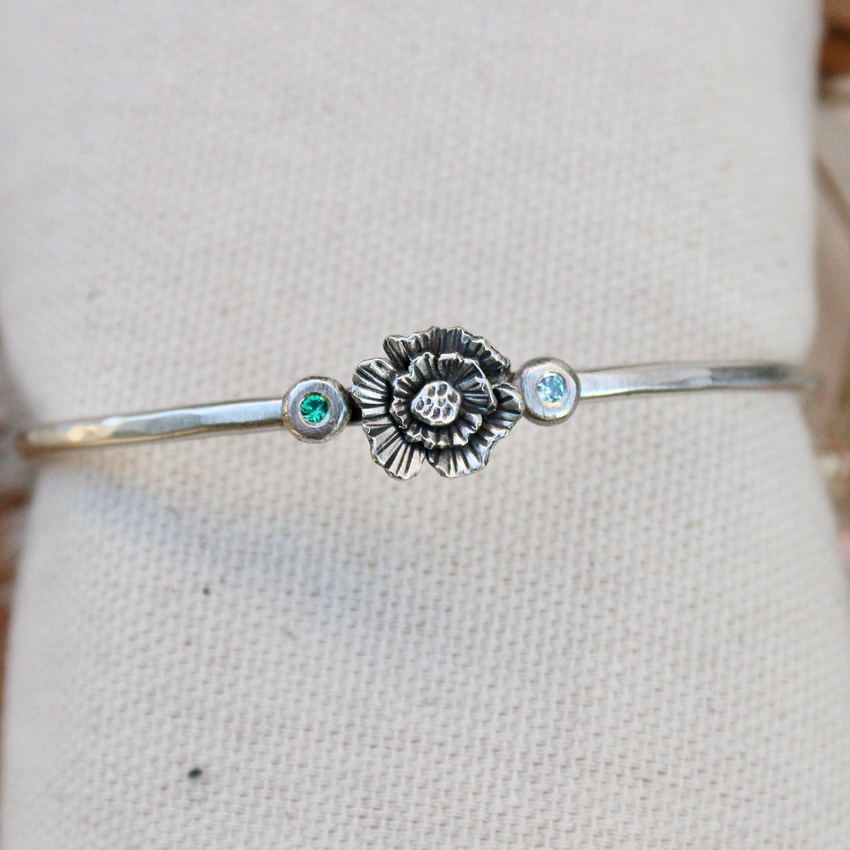 Summer Poppy Birthstone Silver Cuff Bracelet