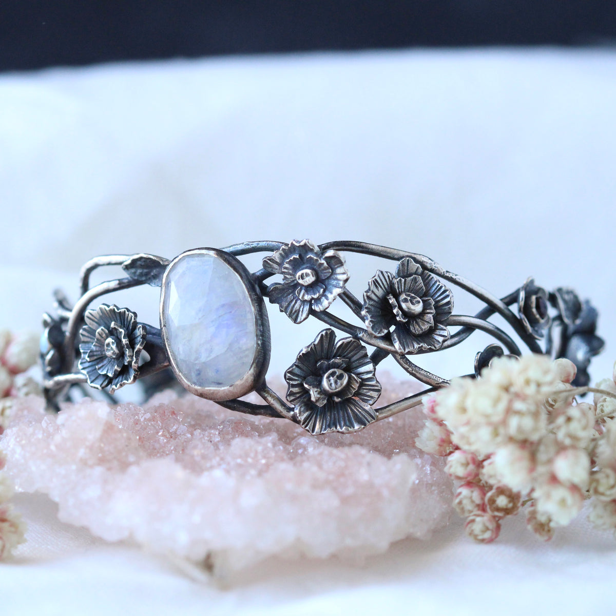 Twilight Garden Poppy and Moonstone Silver Cuff Bracelet