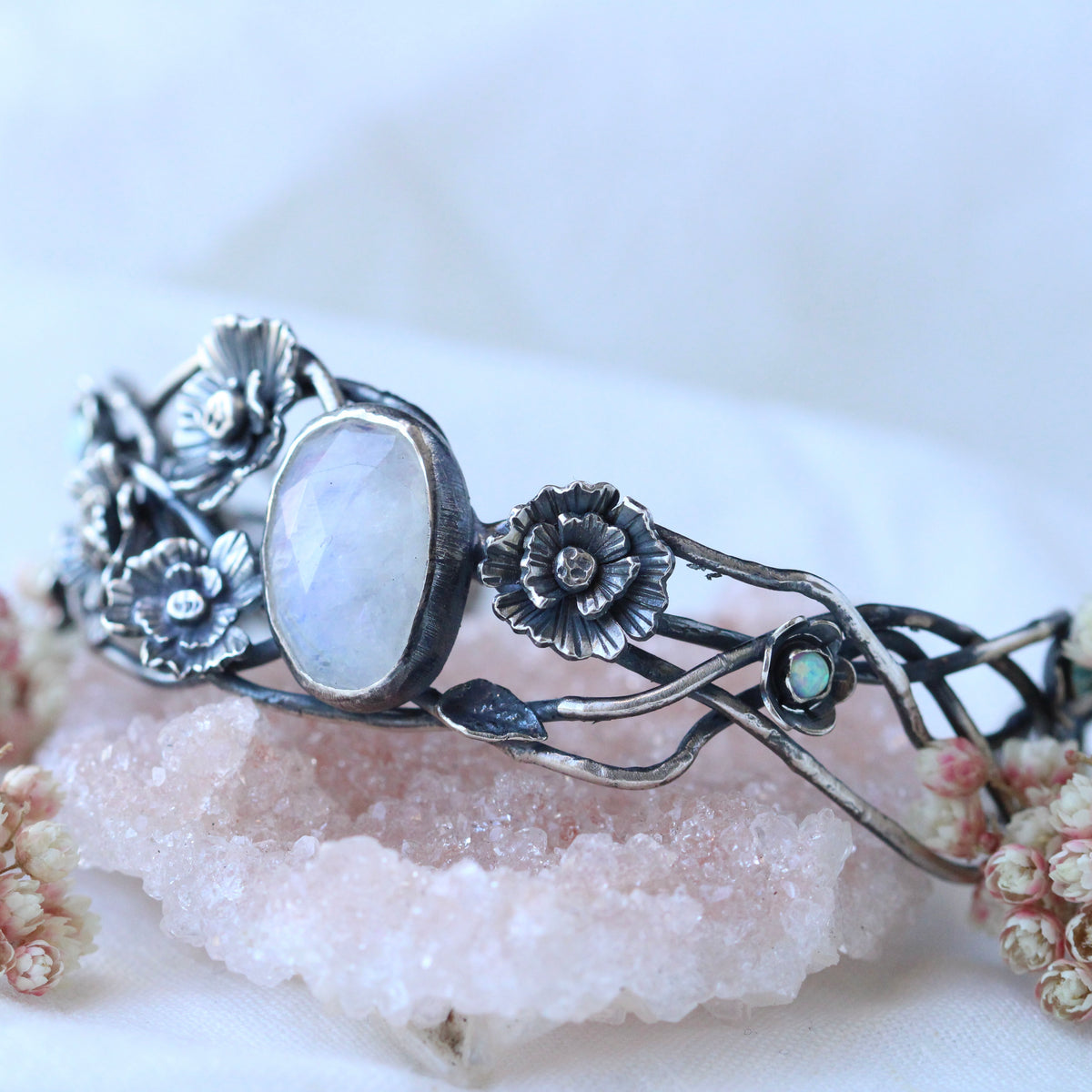 Twilight Garden Poppy and Moonstone Silver Cuff Bracelet